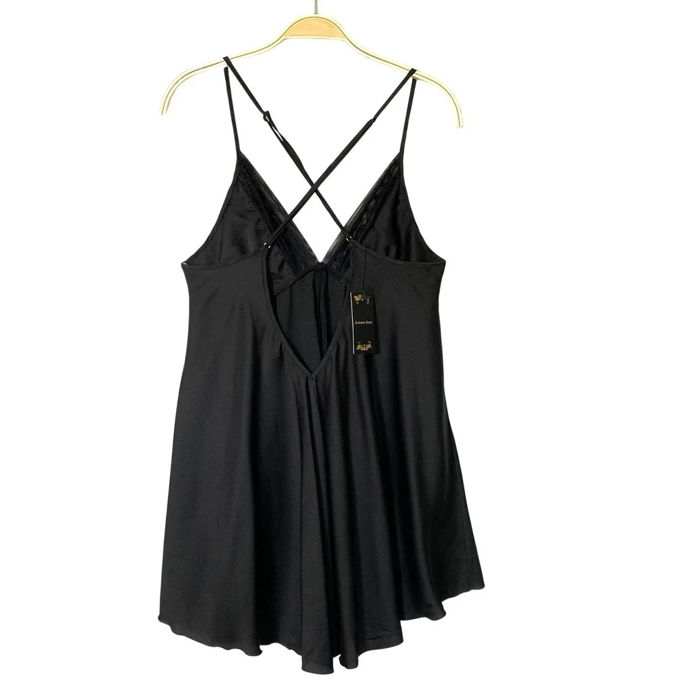 Whimsigoth Babydoll Lingerie Dress Sleepwear Women L Black Lace Trim Romance NWT